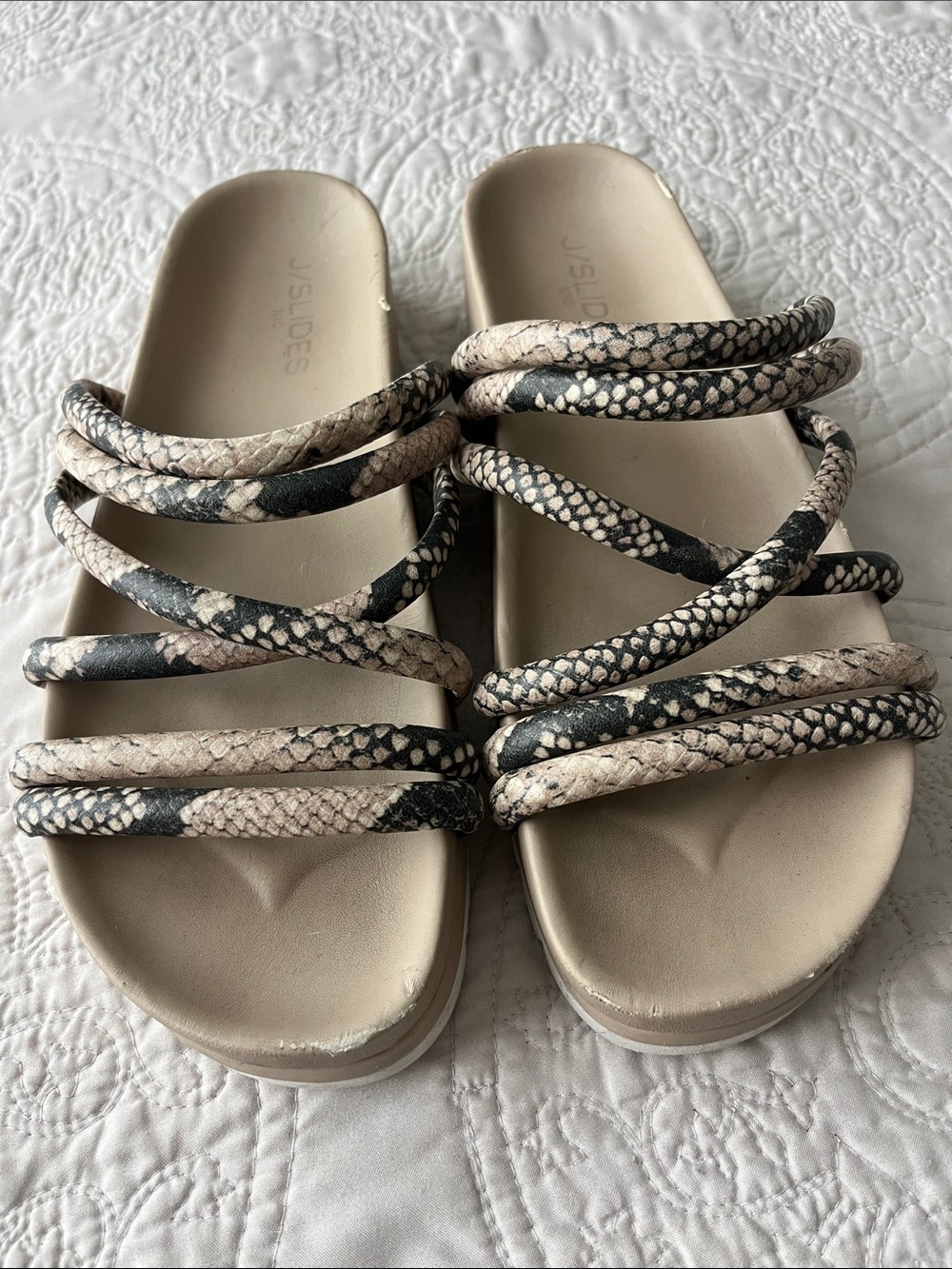 J/Slides Snake Print Strappy Slide Platform Sandals Beige Tan